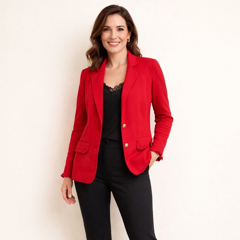 Lauren Ralph Lauren Red Knit Ruffle Trim 2 Button Blazer Jacket Size Medium